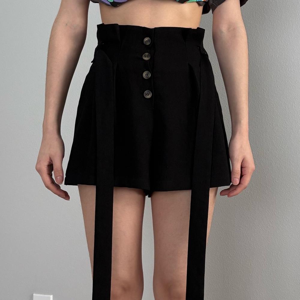 Black high waisted paper bag shorts with belt